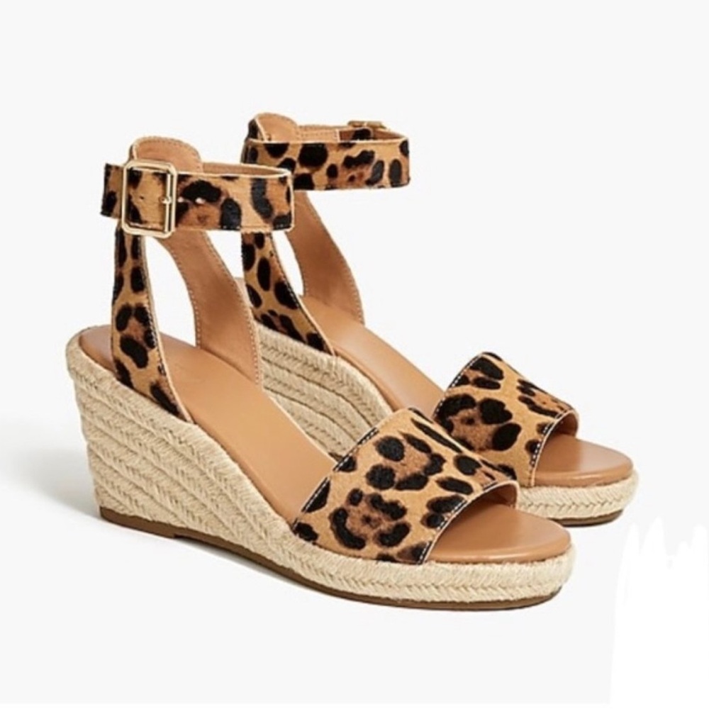 J. Crew Espadrille Leopard Calf Hair Wedge Sandals, Size 8